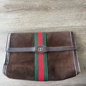 1995-1979 Vintage Gucci Brown Suede Messenger Bag with Red and Green Stripe